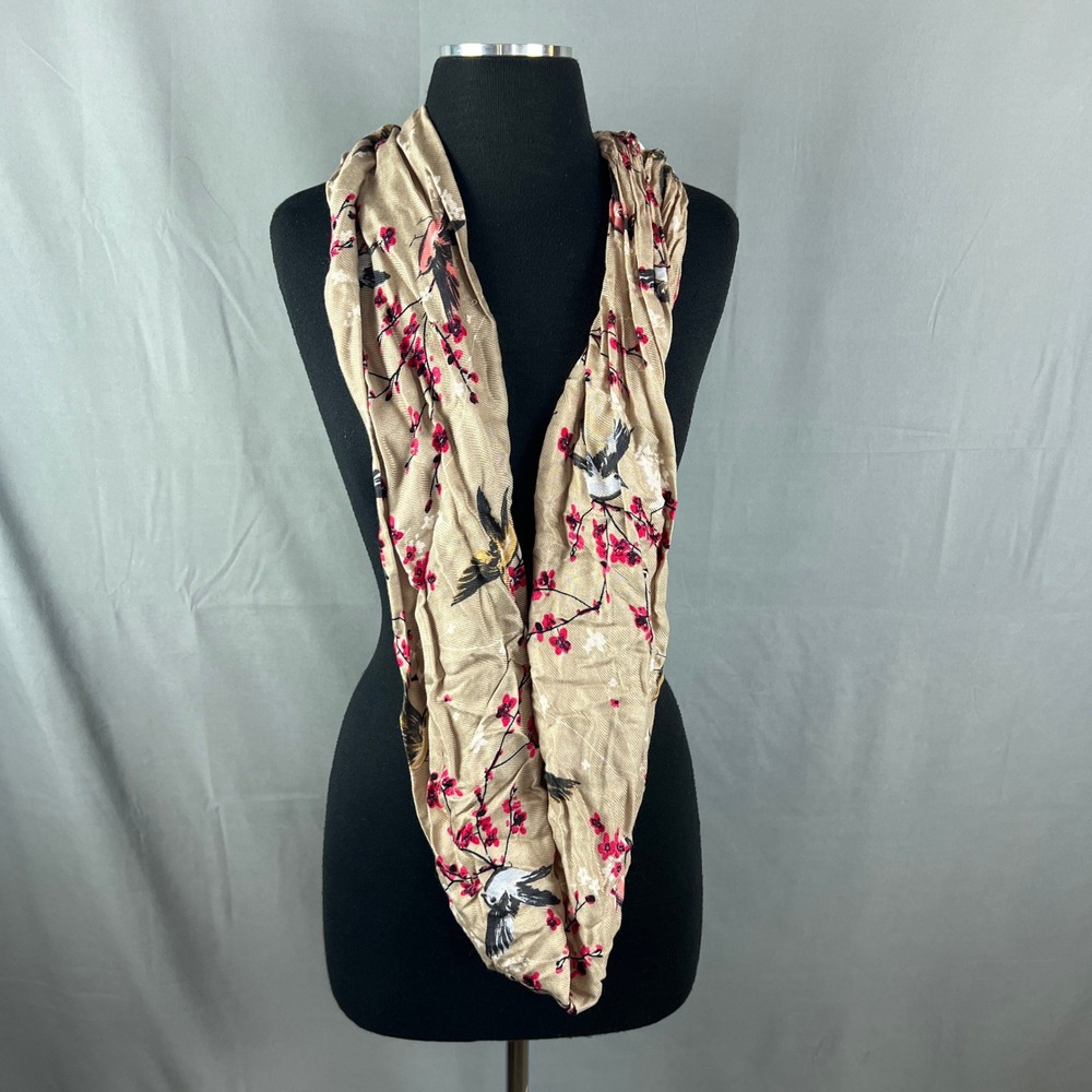 Women Bird Cherry Blossom Print Infinity Scarf One Size Beige Rayon Lightweight